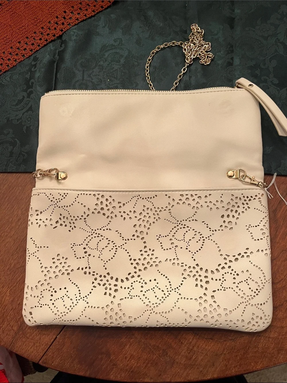 Urban Expressions Cream Laser-Cut Foldover Clutch with Gold Chain